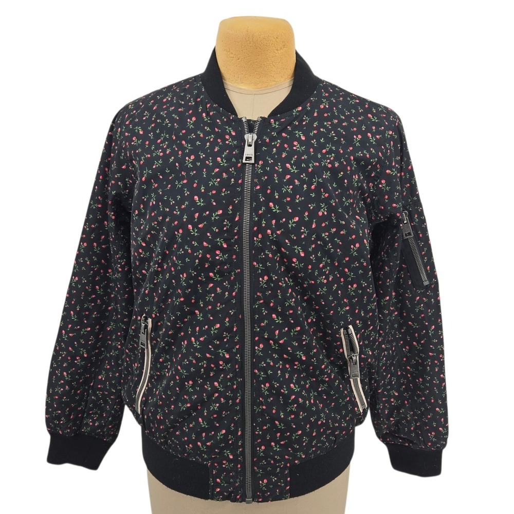 Levi Strauss Bomber Jacket Womens 1X Black Floral Rose Buds Zip Up Lightweight